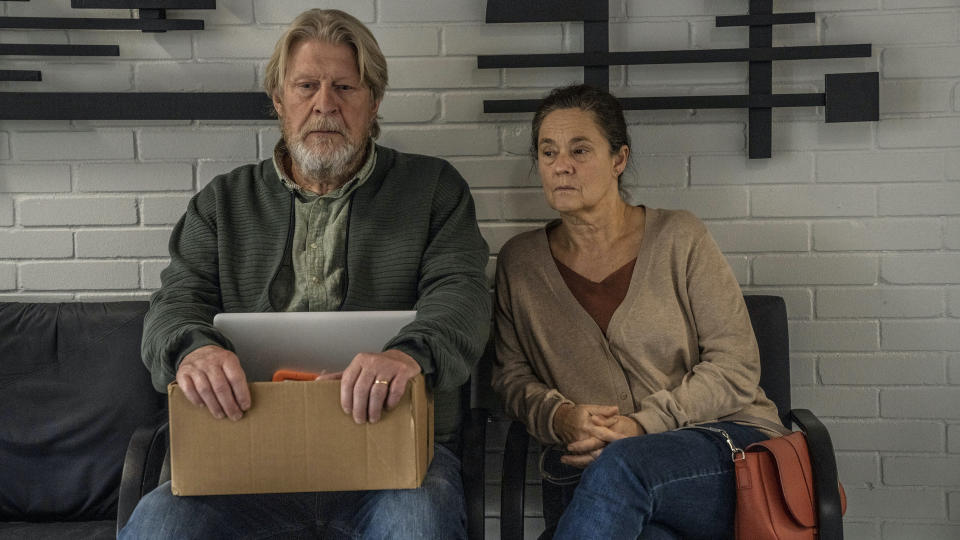 This image released by HBO shows Rolf Lassgard, left, and Pernilla Augusta in a scene from the limited miniseries “The Investigation" about the 2017 murder of Swedish journalist Kim Wall. (HBO via AP)