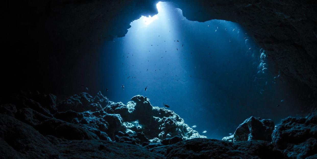 rays of sunlight into the underwater cave