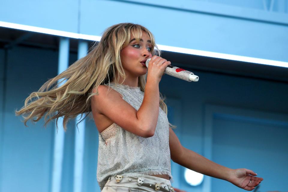 Sabrina Carpenter performs on the Coachella Stage during the Coachella Music and Arts Festival in Indio, Calif., on Friday, April 12, 2024.
