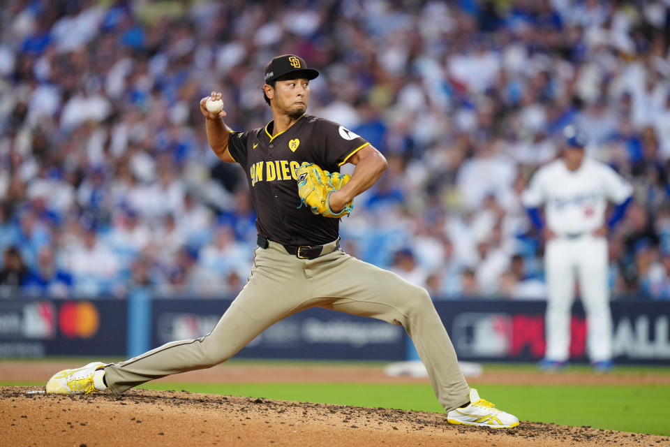 LOS ANGELES, CA - OCTOBER 06: Yu Darvish #11 of the San Diego Padres pitches during Game 2 of the Division Series presented by Booking.com between the San Diego Padres and the Los Angeles Dodgers at Dodger Stadium on Sunday, October 6, 2024 in Los Angeles, California. (Photo by Daniel Shirey/MLB Photos via Getty Images)