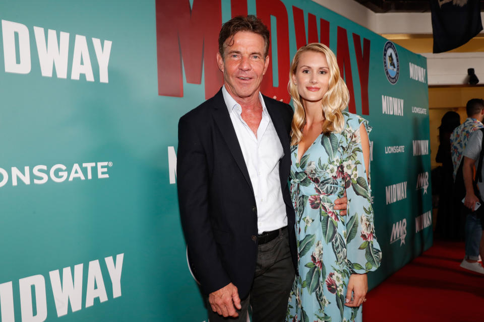 HONOLULU, HAWAII - OCTOBER 20: (L-R) Dennis Quaid and fiancee Laura Savoie arrive at the "Midway" Special Screening at Joint Base Pearl Harbor-Hickam on October 20, 2019 in Honolulu, Hawaii. (Photo by Marco Garcia/Getty Images for Lionsgate Entertainment)