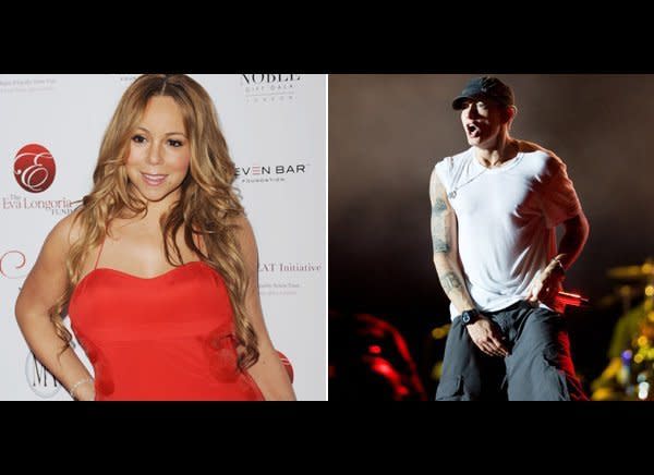 Is there anyone Eminem hasn't feuded with?     Eminem and Mariah Carey began to spar after he claimed that they used to have a sexual relationship. Mariah denied the relationship, telling Larry King, "I hung out with him, I spoke to him on the phone. I think I was probably with him a total of four times. And I don't consider that dating somebody."    Mariah later mocked his claim in her video for "Obsessed," which featured an Eminem look-alike who was obsessed with her.     The rapper retaliated with a number of songs that mentioned Carey and threatened to release nude photos of the singer as well as voicemails to prove they dated. In the song "The Warning" he raps:     "Shut the fuck up before I put up all the phone calls you made to my house when you were "Wild N' Out" before Nick, when you was on my dick and give you something to smile about." 