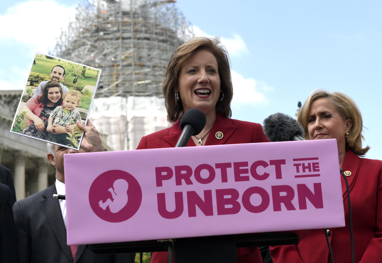 FILE - U.S. Rep. Vicky Hartzler, R-Mo., center, speaks during a news conference on the Pain-Capable Unborn Child Protection Act on Capitol Hill in Washington, Wednesday, May 13, 2015. Hartzler is running for U.S. Senate. (AP Photo/Susan Walsh, File)