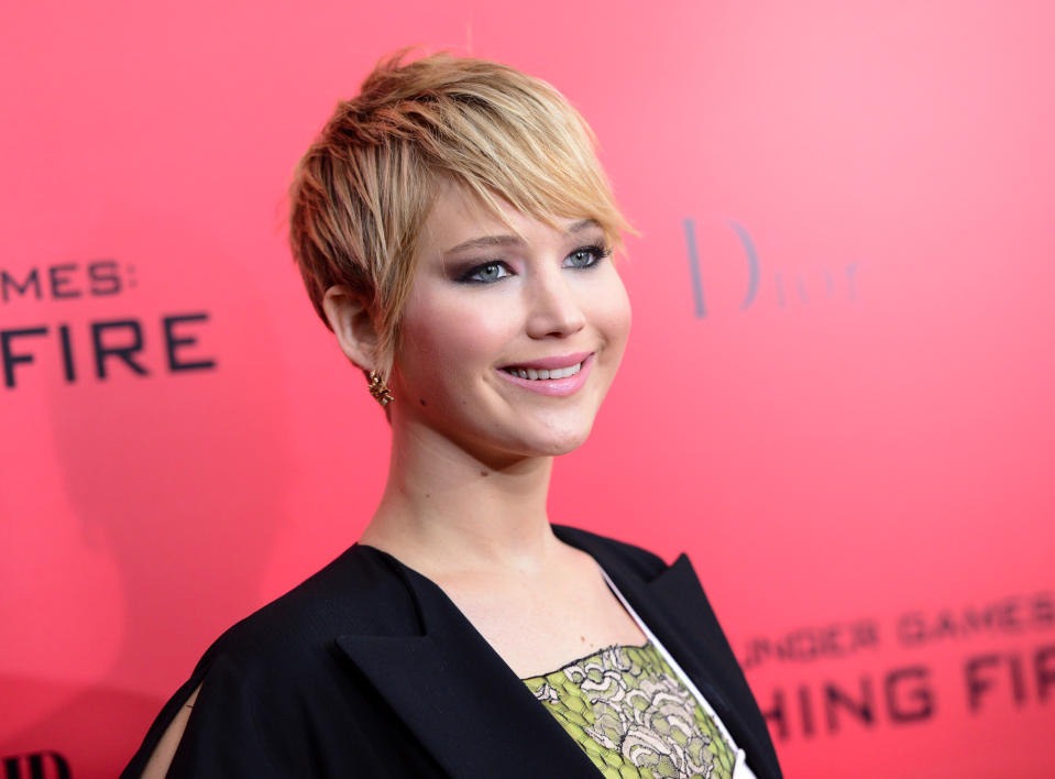 FILE - This Nov. 20, 2013 file photo shows actress Jennifer Lawrence sporting a pixie haircut at a special screening of "The Hunger Games: Catching Fire"in New York. (Photo by Evan Agostini/Invision/AP, File)