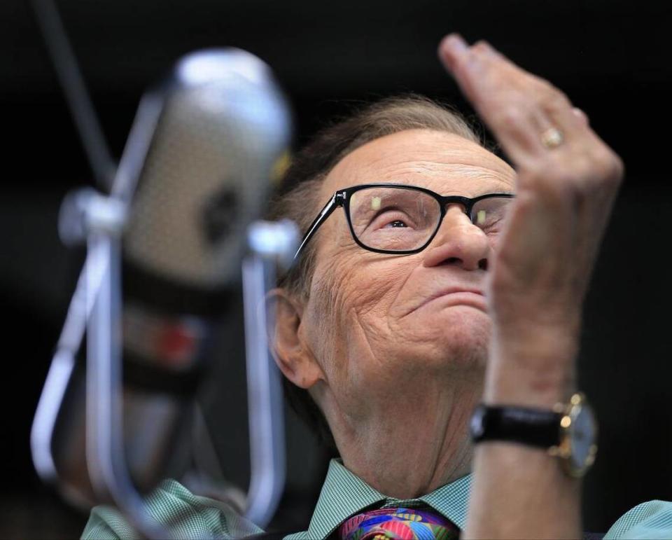 On Monday, April 3, 2017, famed talk show host/TV journalist Larry King holds an interview at the Loews Miami Beach hotel as part of his celebration of the start of his career 60 years ago in Miami, Florida. As part of his visit he taped two programs for his current Larry King Now show on Monday.