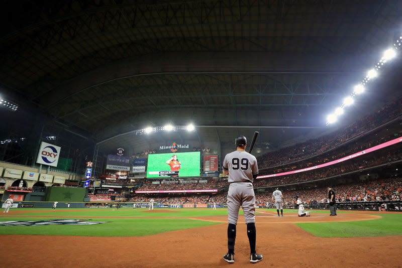  Aaron Judge #99 of the New York Yankees stands in the on deck circle against the Houston Astros during the first inning in game one of the American League Championship Series at Minute Maid Park on October 12, 2019 in Houston, Texas.
