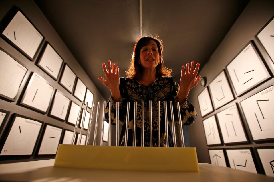 New Bedford Art Museum director Suzanne de Vegh smells the scent she created using the device in font of her which is part of Odor Organ by M Dougherty. This piece is part of the Gateways to Awareness show currently on display at the New Bedford Art Museum.