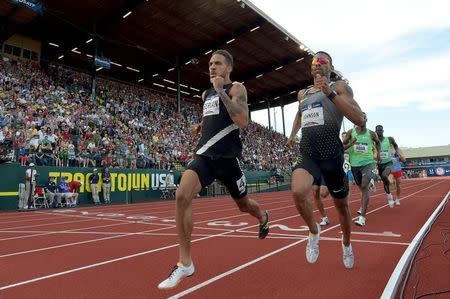 Jul 4, 2016; Eugene, OR, USA; Boris Berian (left) and Brandon Johnson finish the 800m during the 2016 U.S. Olympic Team Trials at Hayward Field. Berian placed second in 1:44.92.. Mandatory Credit: Kirby Lee-USA TODAY Sports