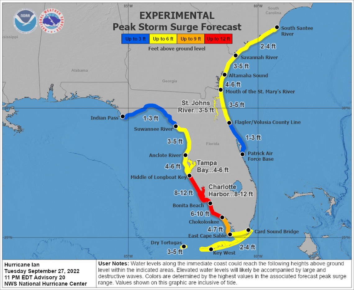 Map of peak storm surge forecast. Hurricane Ian is forecast to make landfall near Cape Coral, Florida as a major hurricane on Wednesday, Sept. 28, 2022, the National Hurricane Center said Tuesday in its 11 p.m. advisory.