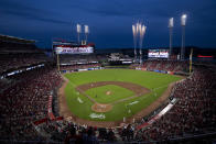 Cincinnati Reds' Jesse Winker runs the bases after hitting a solo home run during the fifth inning of a baseball game against the Milwaukee Brewers in Cincinnati, Friday, May 21, 2021. (AP Photo/Aaron Doster)