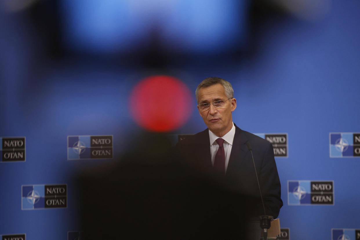 NATO Secretary General Jens Stoltenberg speaks to the press ahead of a meeting of NATO Foreign Affairs Ministers to be held on Nov. 30-Dec.1, at the NATO headquarters, in Brussels, Belgium, Friday, Nov. 26, 2021. (AP Photo/Olivier Matthys)