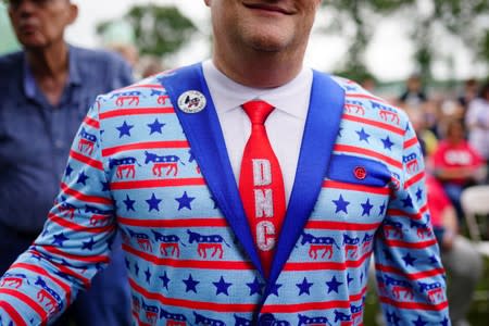A man wears a Democratic party themed outfit at the Polk County Democrats’ Steak Fry in Des Moines