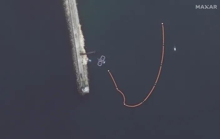 A satellite image shows dolphin pens that have been placed at the entrance to Sevastopol Bay, Crimea, April 29, 2022. (Satellite image 2022 Maxar Technologies/Handout via Reuters)