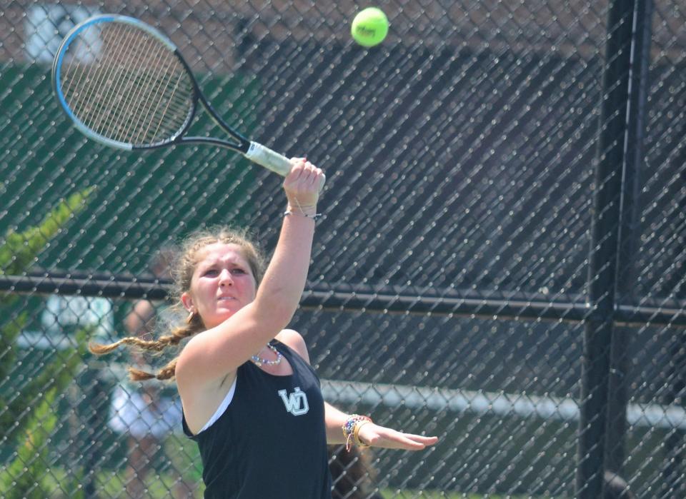 West Ottawa's Danielle Lebster returns a shot during the OK Red Conference tournament on Monday, May 15, 2023, at West Ottawa.