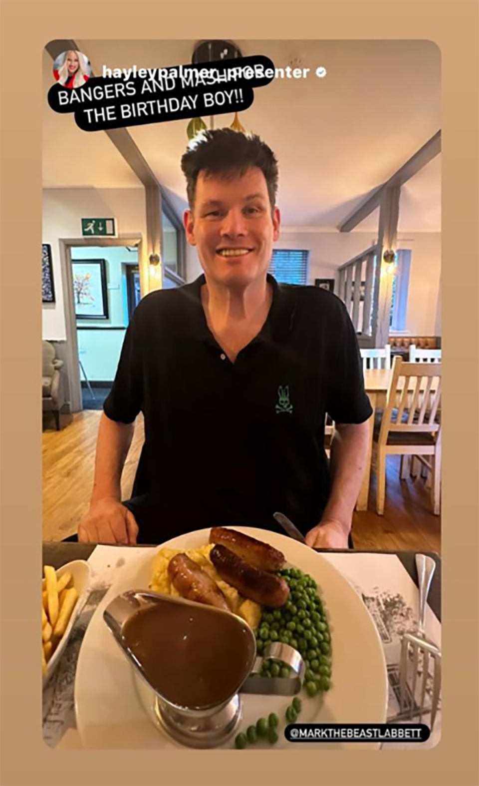 The Chase star Mark ‘The Beast’ Labbett eating bangers and mash.