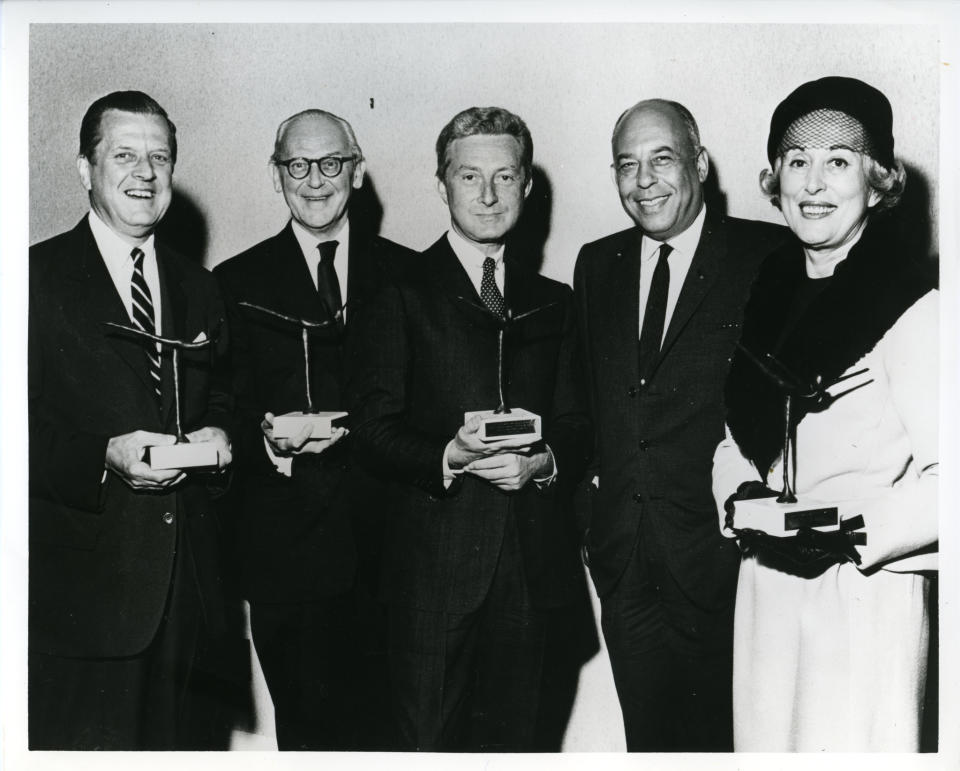 James Laver, Andre Laguerre, Jules-Francois Crahay, Stanley Marcus, and Estee Lauder at 1962 Neiman Marcus Fashion Award Ceremony.
