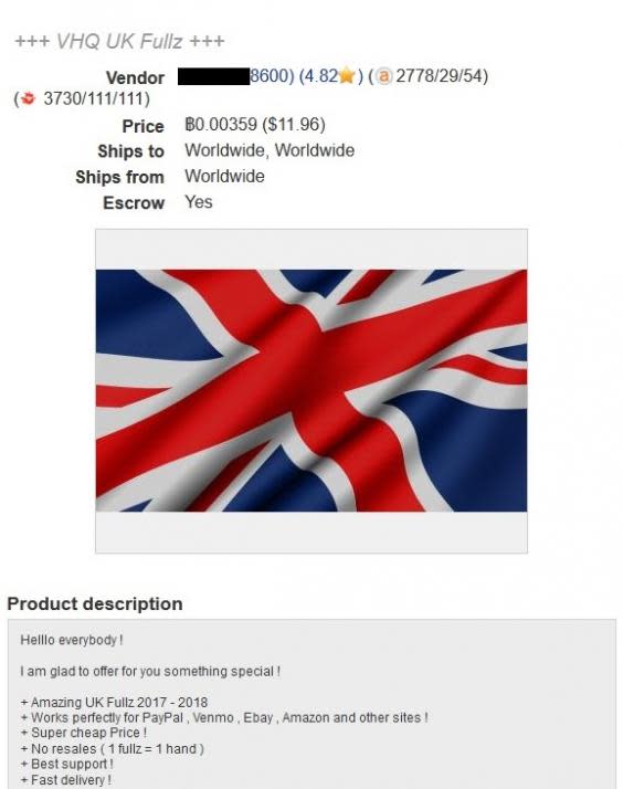 An example of a UK ‘fullz’ for sale on a dark web market (The Independent)