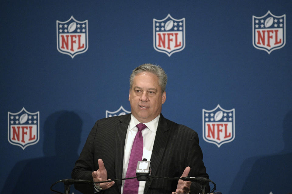 FILE - In this March 26, 2018, file photo, Al Riveron, NFL senior vice president of officiating, answers a question from a reporter during a news conference announcing rules changes at the NFL owners meetings in Orlando, Fla. After the NFC championship game of the 2018 season, the NFL came up with was a one-year trial in which pass interference calls could be reviewed in the video replay system. On Thursday, May 28, 2020, barring a stunning turnaround, the rule will disappear. (Phelan M. Ebenhack/AP Images for NFL, File)