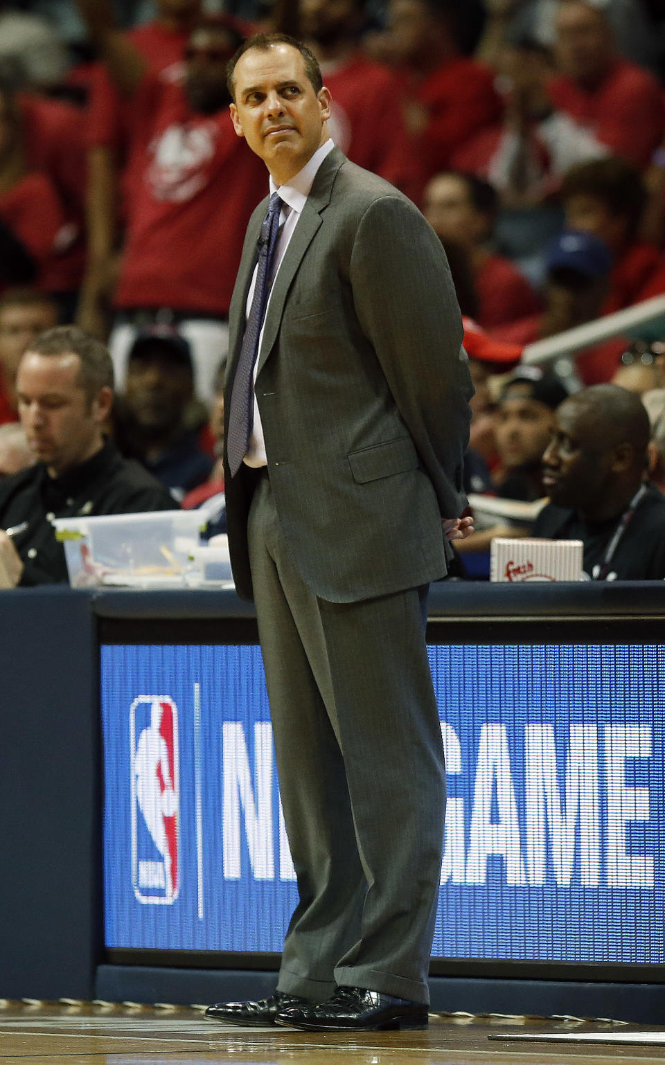 Indiana Pacers head coach Frank Vogel looks on from the sideline in the second half of Game 6 of a first-round NBA basketball playoff series against the Atlanta Hawks in Atlanta, Thursday, May 1, 2014. Indiana won 95-88. (AP Photo/John Bazemore)