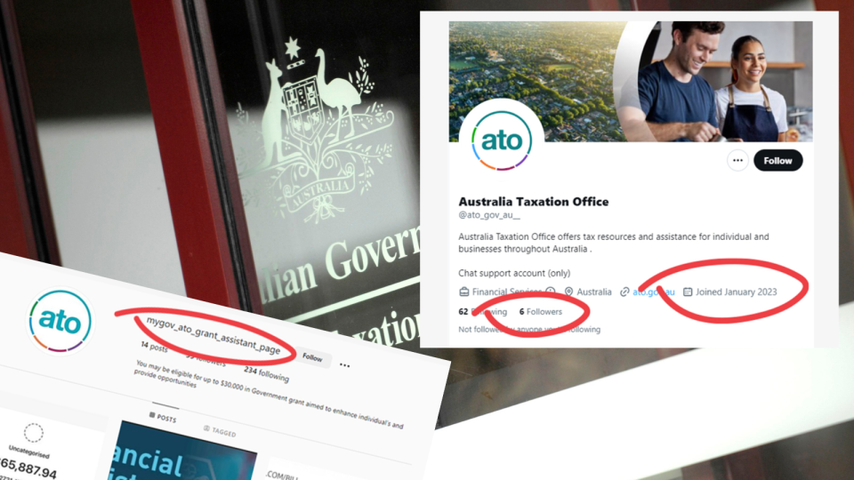 A composite image of the Australian Taxation Office logo and two examples of ATO scams.