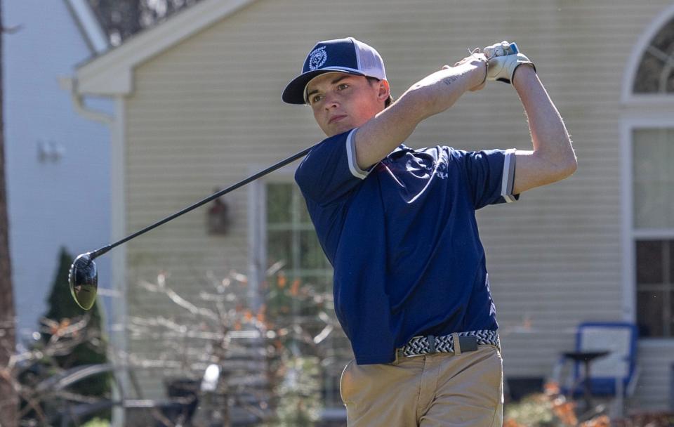 Connor Noon of Lacey tees off on the 12th green. Ocean County Boys Golf Tournament at Sea Oaks Country Club in Little Egg Harbor on April 16, 2024.