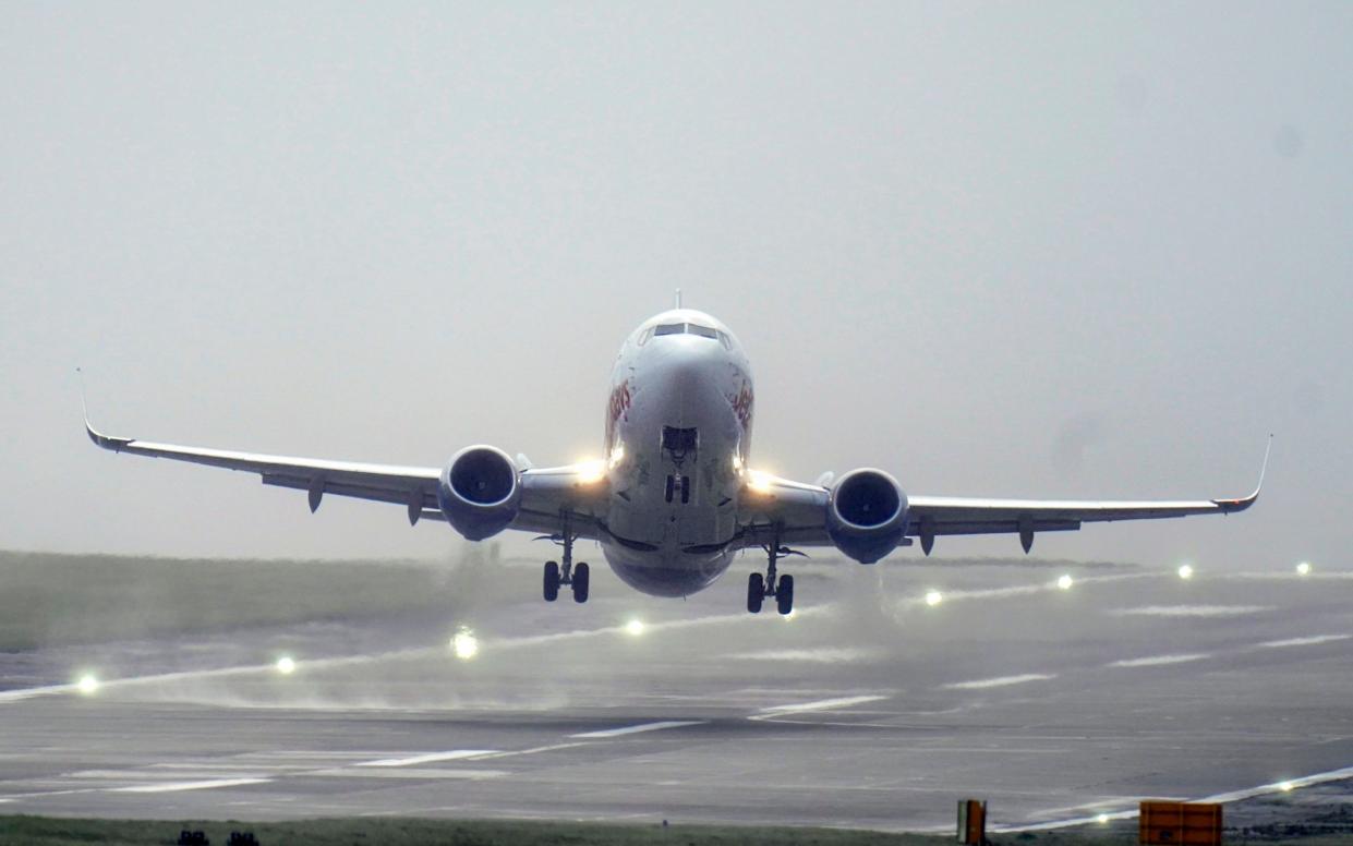 A aircraft taking off from Leeds Bradford Airport during Storm Pia