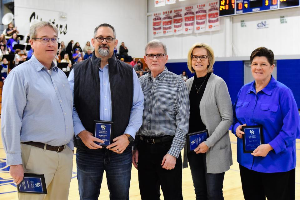 Colo-NESCO welcomed four new inductees into the Colo-NESCO Hall of Pride Saturday: Wayne Cafferty (retired teacher and coach), Jeremy Dewitt (Class of 1991), Dustin Springer (Class of 1998 represented by his parents, Larry and Gayle), and Kathy Hovick (former teacher, administrator and coach).