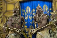 Dancers with the Beija Flor samba school perform during the first night of the carnival parade at the Sambadrome in Rio de Janeiro, on February 8, 2016