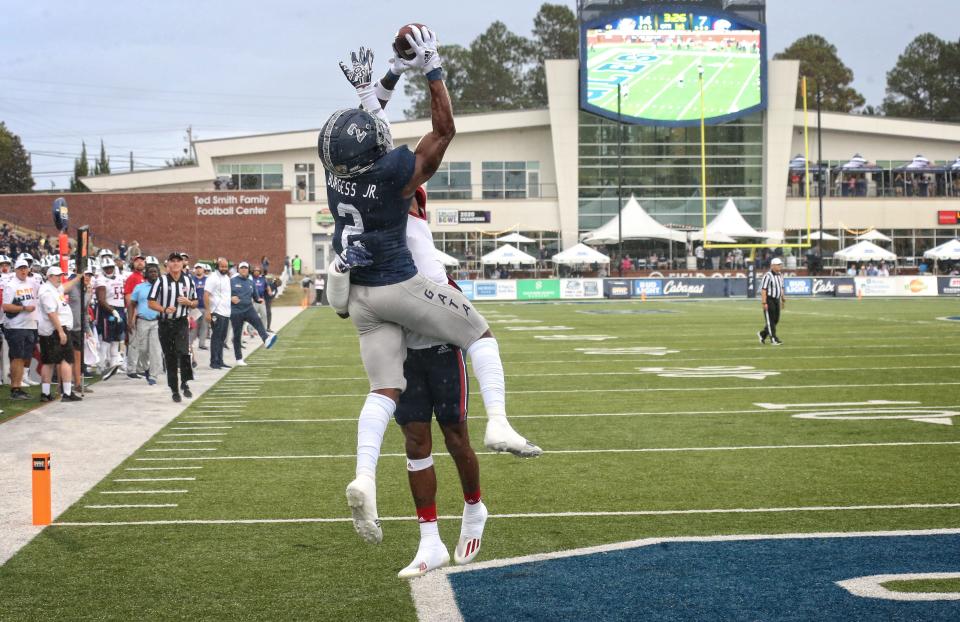 Georgia Southern wide receiver Derwin Burgess Jr. reaches up to snag a 16-yard touchdown pass from Kyle Vantrease in the first quarter Saturday against South Alabama at Paulson Stadium in Statesboro.