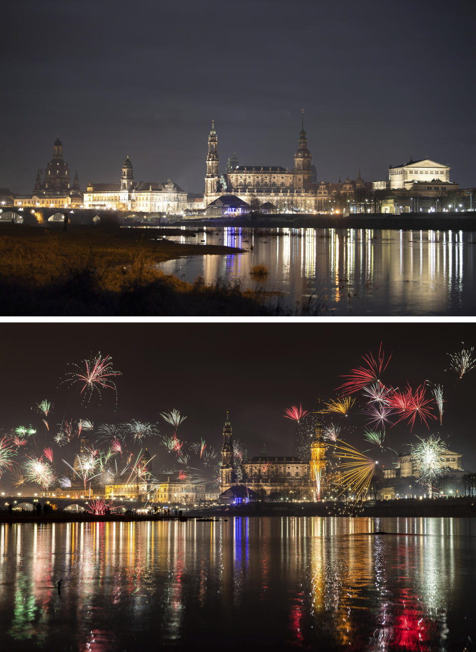 A combo of images shows fireworks in the first minutes of the New Year on Jan. 1, 2020, bottom, and an image taken from the same location in Dresden, Germany early on Jan. 1, 2021 without fireworks. As the world says goodbye to 2020, there will be countdowns and live performances, but no massed jubilant crowds in traditional gathering spots like the Champs Elysees in Paris and New York City's Times Square this New Year's Eve. The virus that ruined 2020 has led to cancelations of most fireworks displays and public events in favor of made-for-TV-only moments in party spots like London and Rio de Janeiro. (Sebastian Kahnert/DPA via AP)