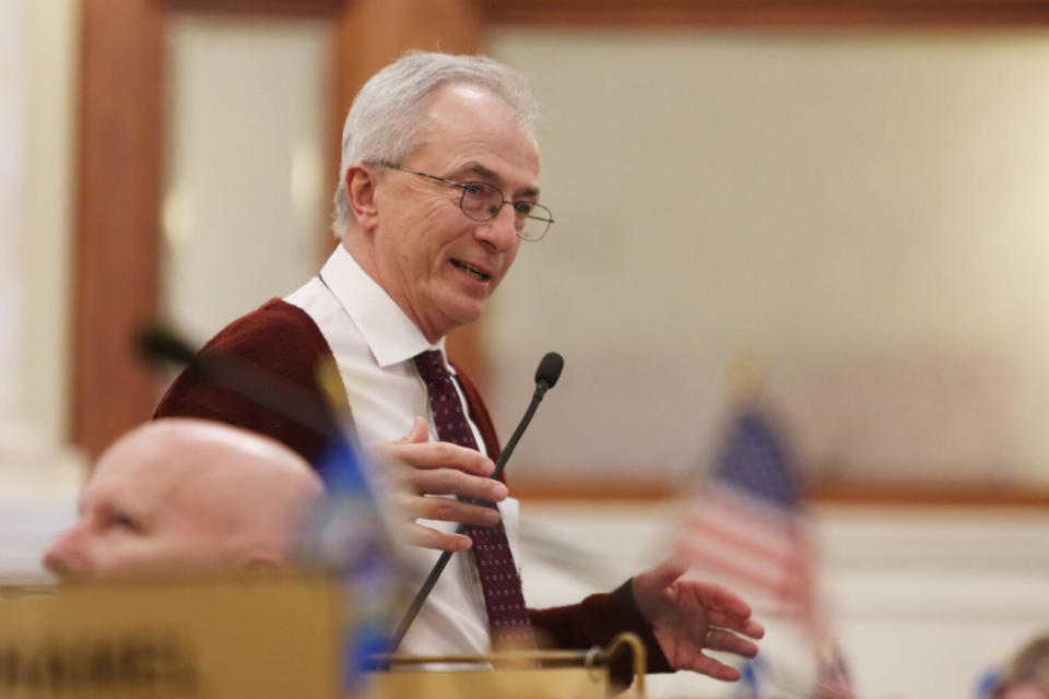 Sen. Lee Schoenbeck, R-Watertown, on the Senate floor during the 2024 legislative session. (Makenzie Huber/South Dakota Searchlight)