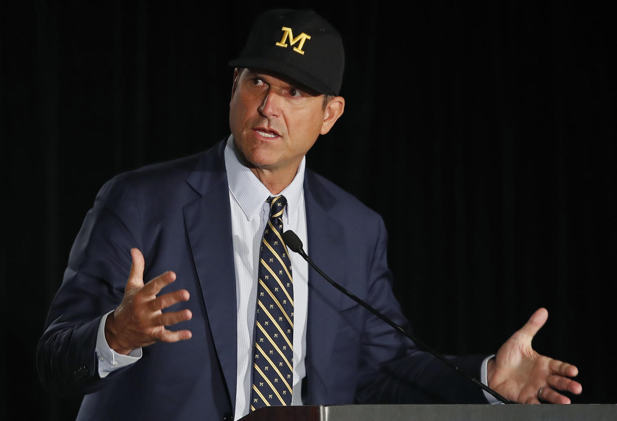 Jim Harbaugh cast doubt on claims of transfers who cite mental health when seeking an eligibility waiver. (Reuters) 