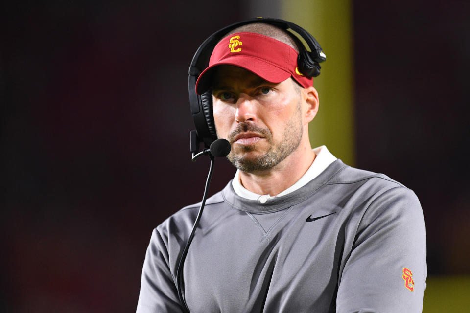 LOS ANGELES, CA - NOVEMBER 05: USC Trojans defensive coordinator coach Alex Grinch looks on during a game between the California Golden Bears and the USC Trojans on November 5, 2022, at Los Angeles Memorial Coliseum in Los Angeles, CA. (Photo by Brian Rothmuller/Icon Sportswire via Getty Images)