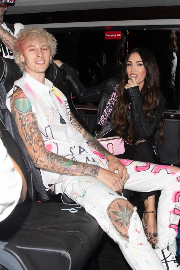 LOS ANGELES CA - SEPTEMBER 24: Machine Gun Kelly and Megan Fox are seen leaving a restaurant on September 24, 2020 in Los Angeles, California. (Photo by iamKevinWong.com/MEGA/GC Images)<p><a href="https://www.gettyimages.com/detail/1228702610" rel="nofollow noopener" target="_blank" data-ylk="slk:MEGA/Getty Images;elm:context_link;itc:0;sec:content-canvas" class="link ">MEGA/Getty Images</a></p>