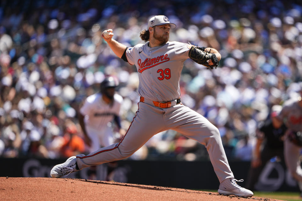 Baltimore Orioles starting pitcher Corbin Burnes throws against the Seattle Mariners during the second inning of a baseball game Thursday, July 4, 2024, in Seattle. (AP Photo/Lindsey Wasson)