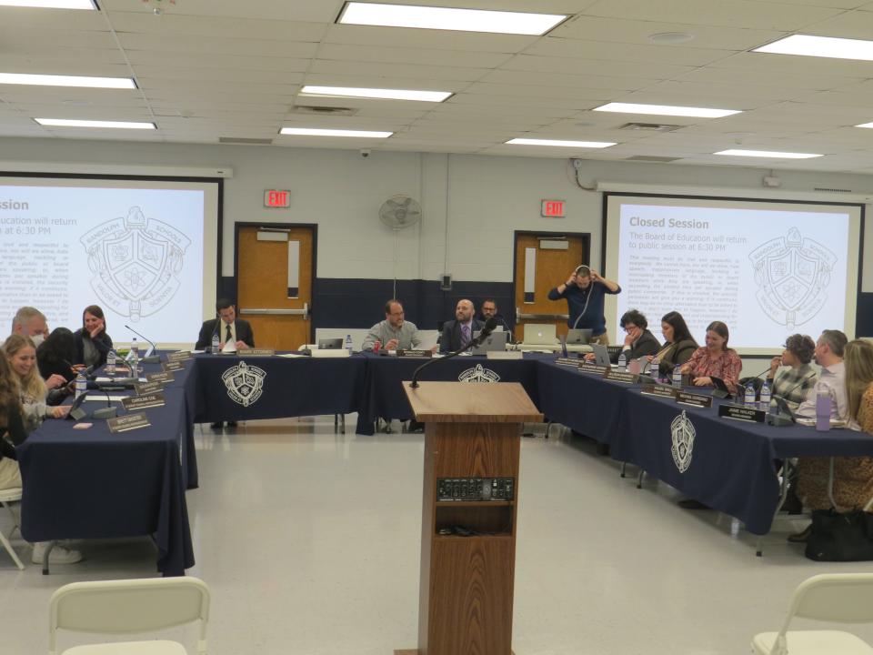 The Randolph Board of Education prepares for its meeting at Randolph Middle School on Feb. 23, 2023.