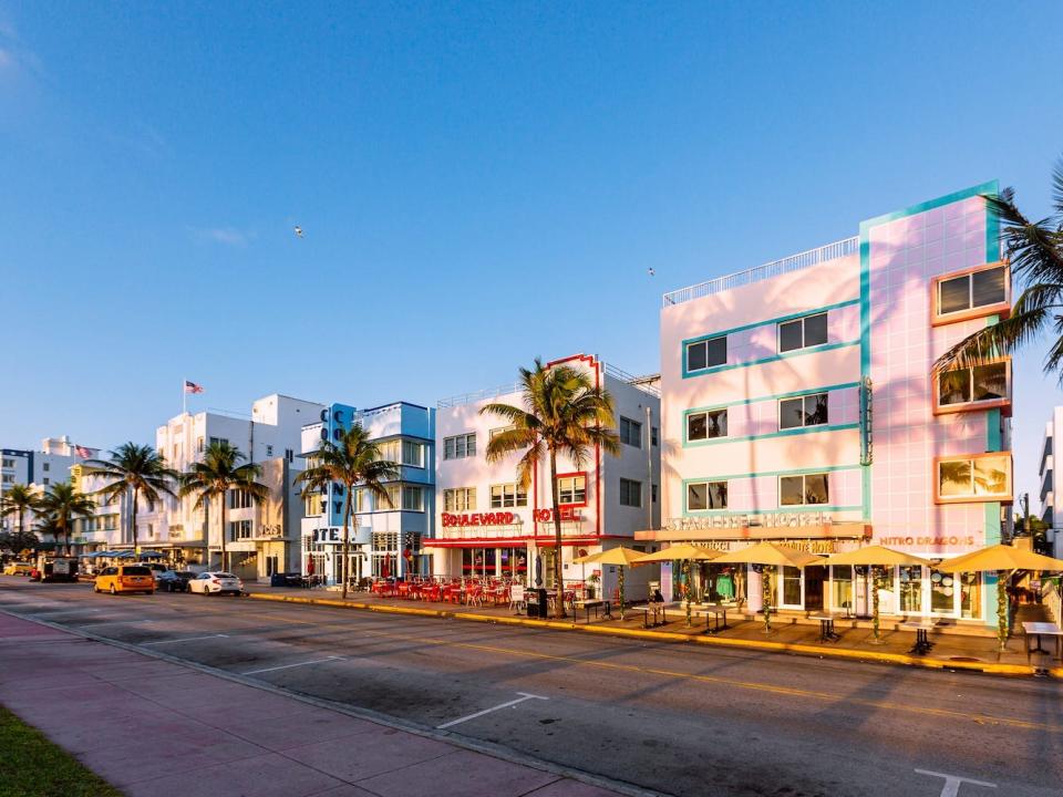 A row of art deco hotels.