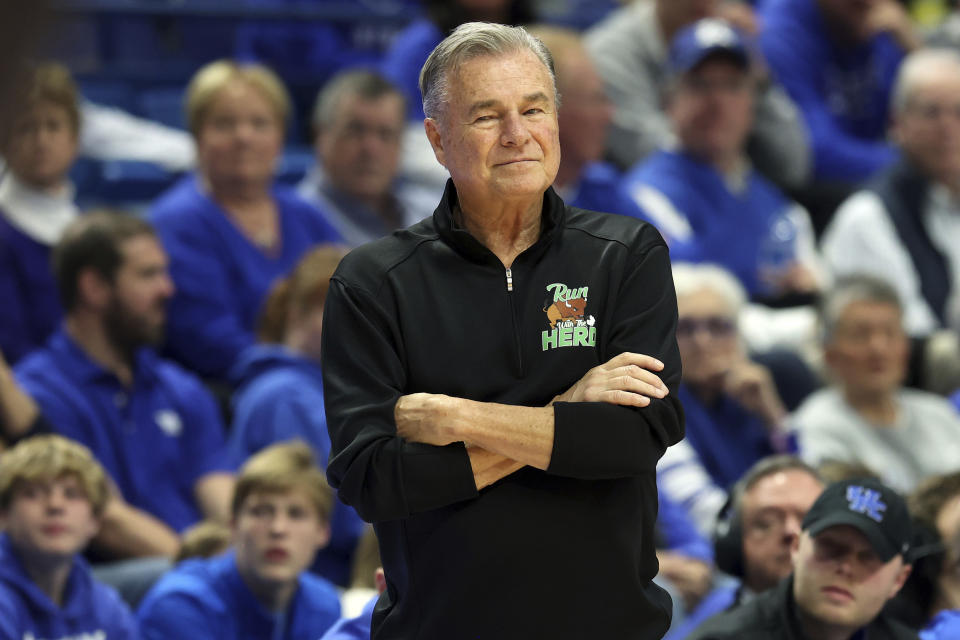 FILE - Marshall head coach Dan D'Antoni reacts to a play during the second half of an NCAA college basketball game against Kentucky in Lexington, Ky., Nov. 24, 2023. Marshall announced Monday, March 25, 2024, that D’Antoni was out after 10 seasons. (AP Photo/James Crisp, File)