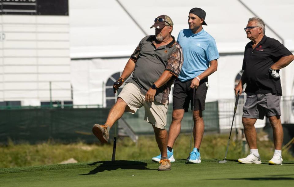 Actor/comedian Larry the Cable Guy reacts on Thursday, July 13, 2023, to his shot on the 18th hole during the final practice round for the American Century Championship celebrity golf tournament at Edgewood Tahoe Golf Course in Stateline, Nev.