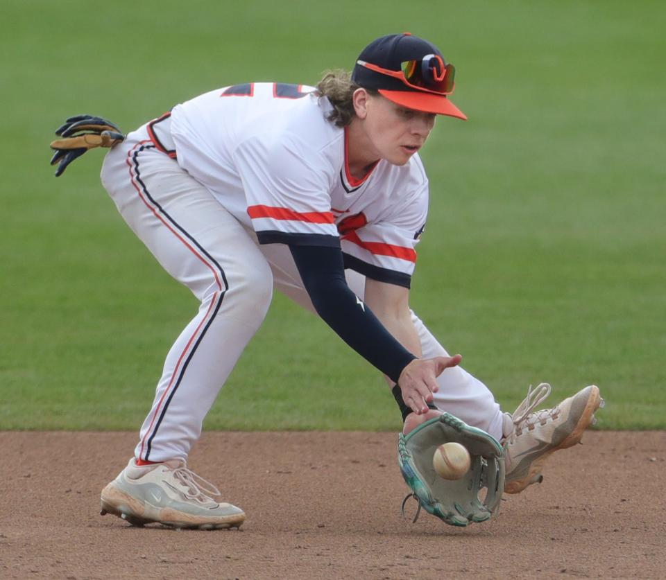 Ellet shortstop Keaton McKeel is one of two freshman starting for the Orangemen in the City Series Baseball Showcase on Saturday, April 27, 2024, in Akron, Ohio, at Canal Park. [Phil Masturzo/ Beacon Journal]