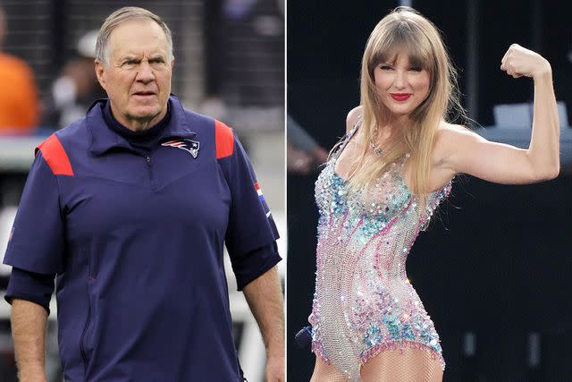 <p>Ethan Miller/Getty; Jeff Kravitz/TAS23/Getty Images for TAS Rights Managemen</p> From Left: Bill Belichick; and Taylor Swift