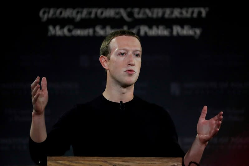 FILE PHOTO: Facebook Chairman and CEO Mark Zuckerberg addresses the audience in Georgetown University's Institute of Politics and Public Service in Washington