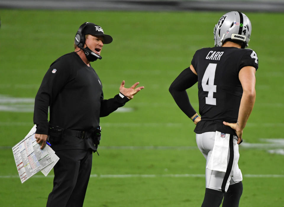 The Raiders could be in hot water (again) after an unauthorized team employee allegedly gained access to the locker room. (Photo by Ethan Miller/Getty Images)