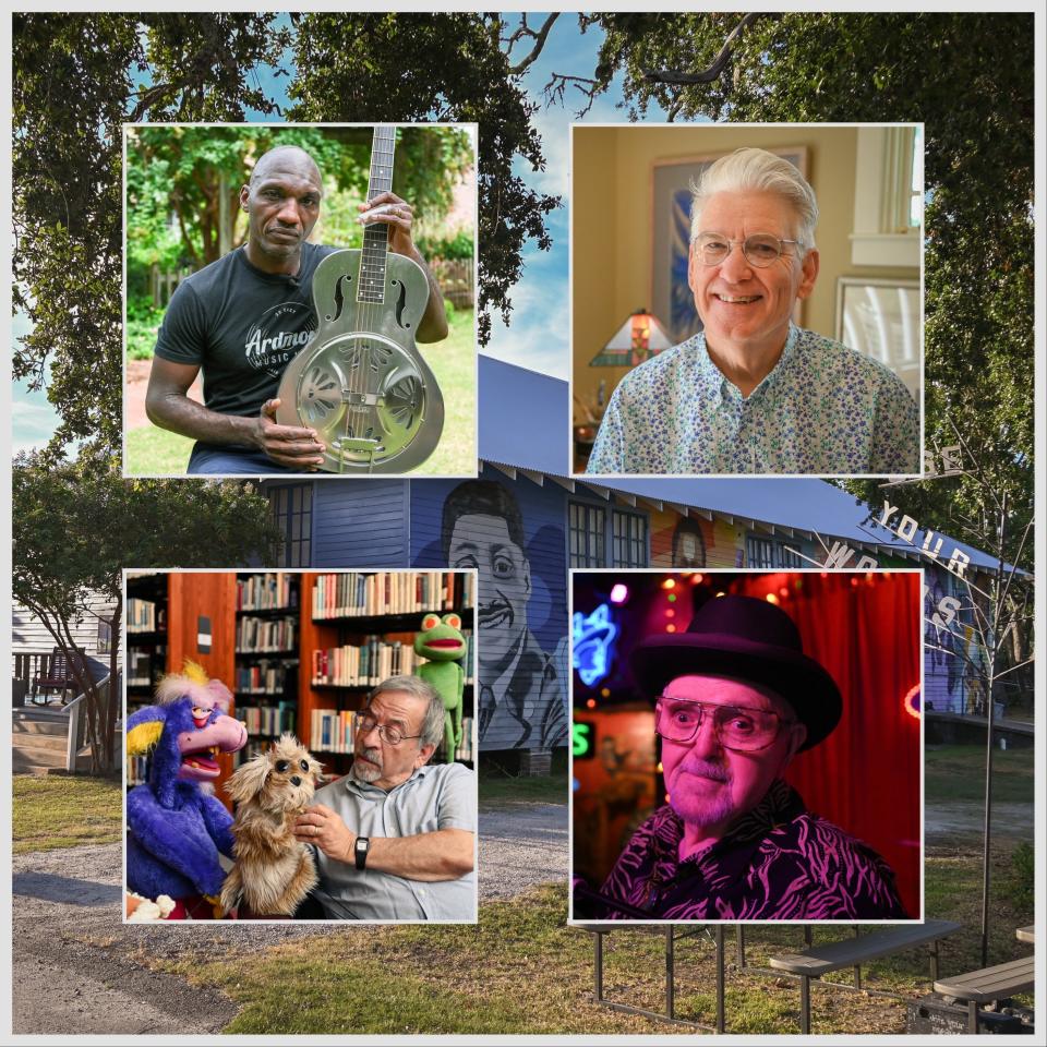This year’s recipients are, clockwise from top left, Cedric Burnside, Brent Funderburk, Earl Poole Ball and Peter Zapletal with the historic 100 Men Hall in the background.