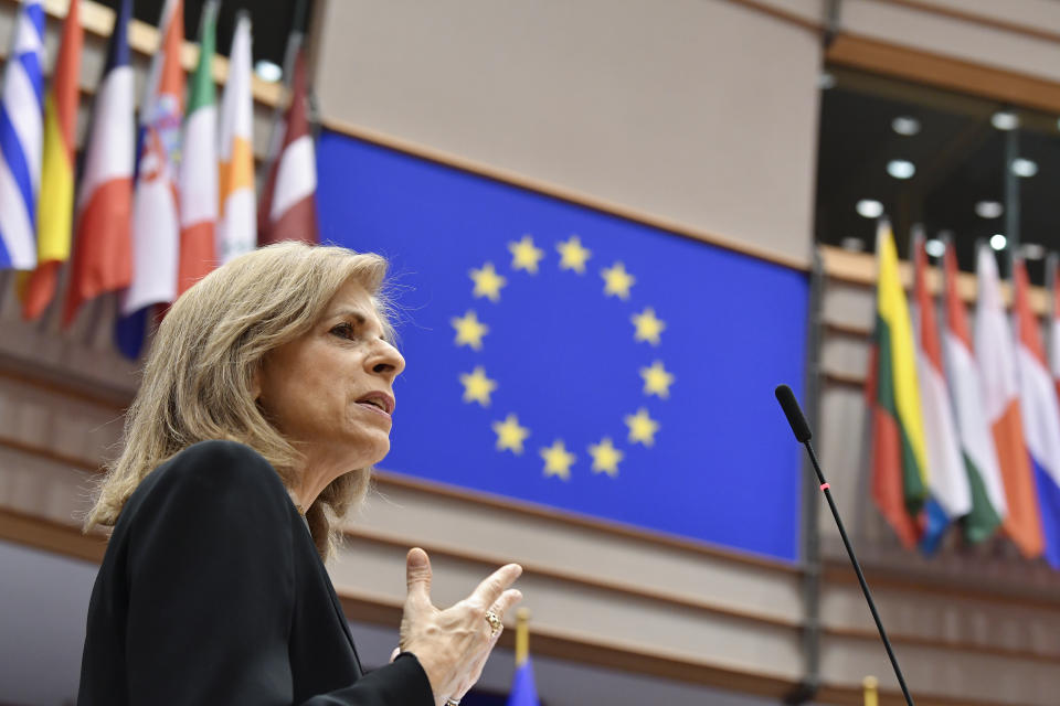 European Commissioner in charge of Health Stella Kyriakides addresses European lawmakers during a plenary session at the European Parliament in Brussels, Tuesday, Jan. 19, 2021. (John Thys, Pool Photo via AP)