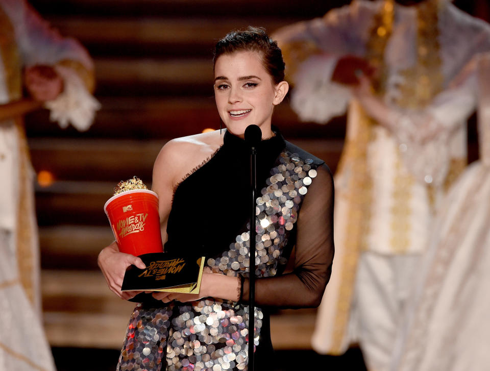 Actor Emma Watson accepts Best Actor in a Movie for 'Beauty and the Beast' onstage during the 2017 MTV Movie And TV Awards at The Shrine Auditorium on May 7, 2017 in Los Angeles, California.&nbsp;