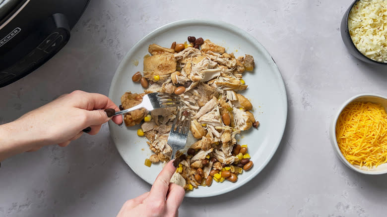 shredding chicken with two forks on plate