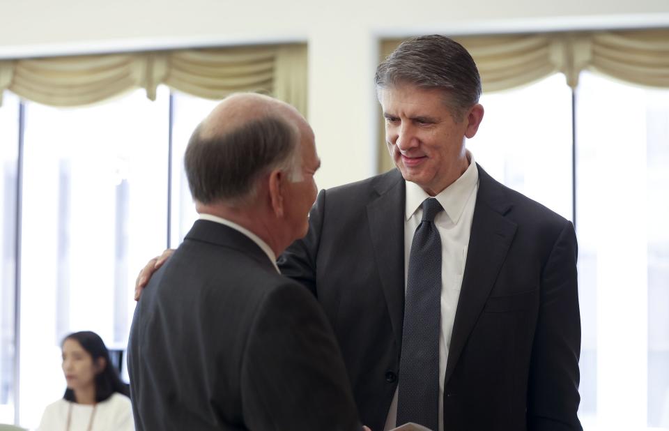 Elder Matthew S. Holland, a General Authority Seventy of The Church of Jesus Christ of Latter-day Saints, speaks with an attendee at the International Religious Freedoms Summit at the Relief Society building located on Temple Square in Salt Lake City on Wednesday, Aug. 23, 2023. | Laura Seitz, Deseret News