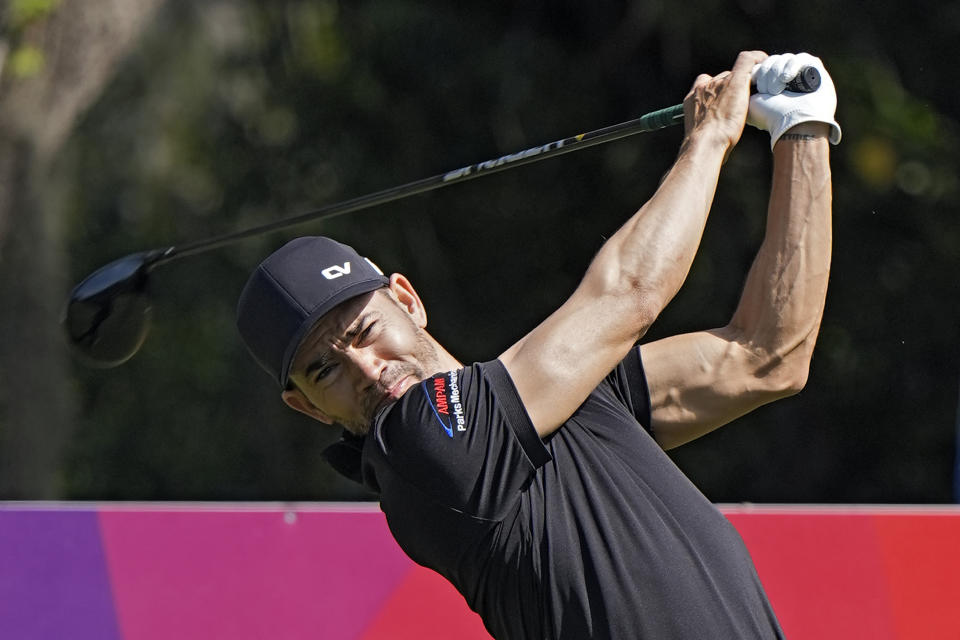 Camilo Villegas tees off on the 11th hole during the first round of the Valspar Championship golf tournament Thursday, March 21, 2024, at Innisbrook in Palm Harbor, Fla. Golfers are in the sun as much if not more than players in other sport. It can be as many as eight hours a day. And there is renewed emphasis on protecting their skin. (AP Photo/Chris O'Meara)