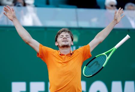 Tennis - Monte Carlo Masters - Monaco, 21/04/2017. David Goffin of Belgium reacts after defeating Novak Djokovic of Serbia. REUTERS/Eric Gaillard